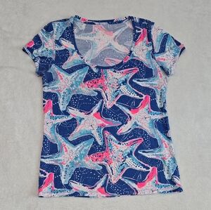 Lilly Pulitzer Dori Shirt "Starfish Indigo Star Struck" Scoop Neck Size Medium